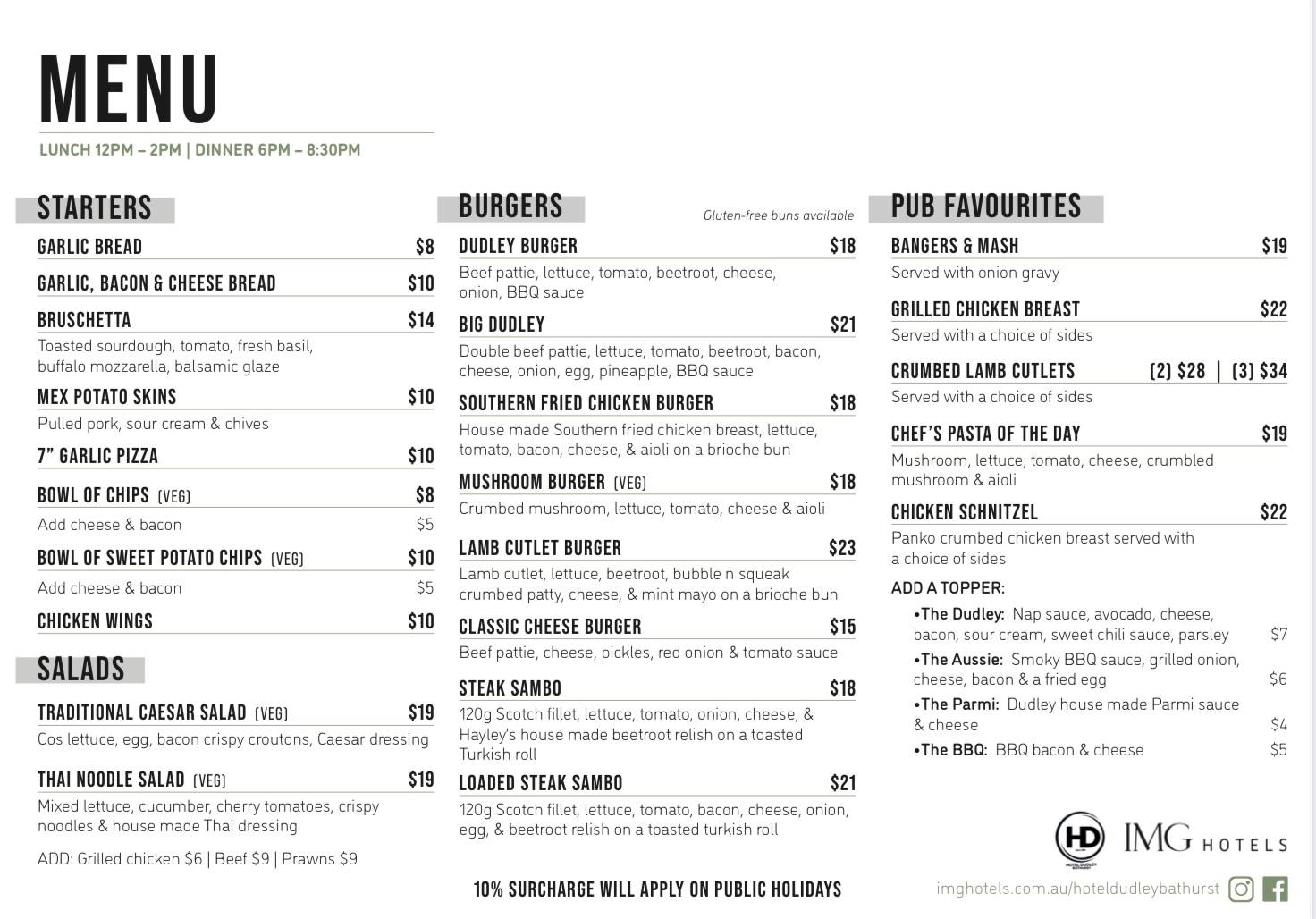 Menu at Dudley Hotel Bathurst restaurant, Bathurst
