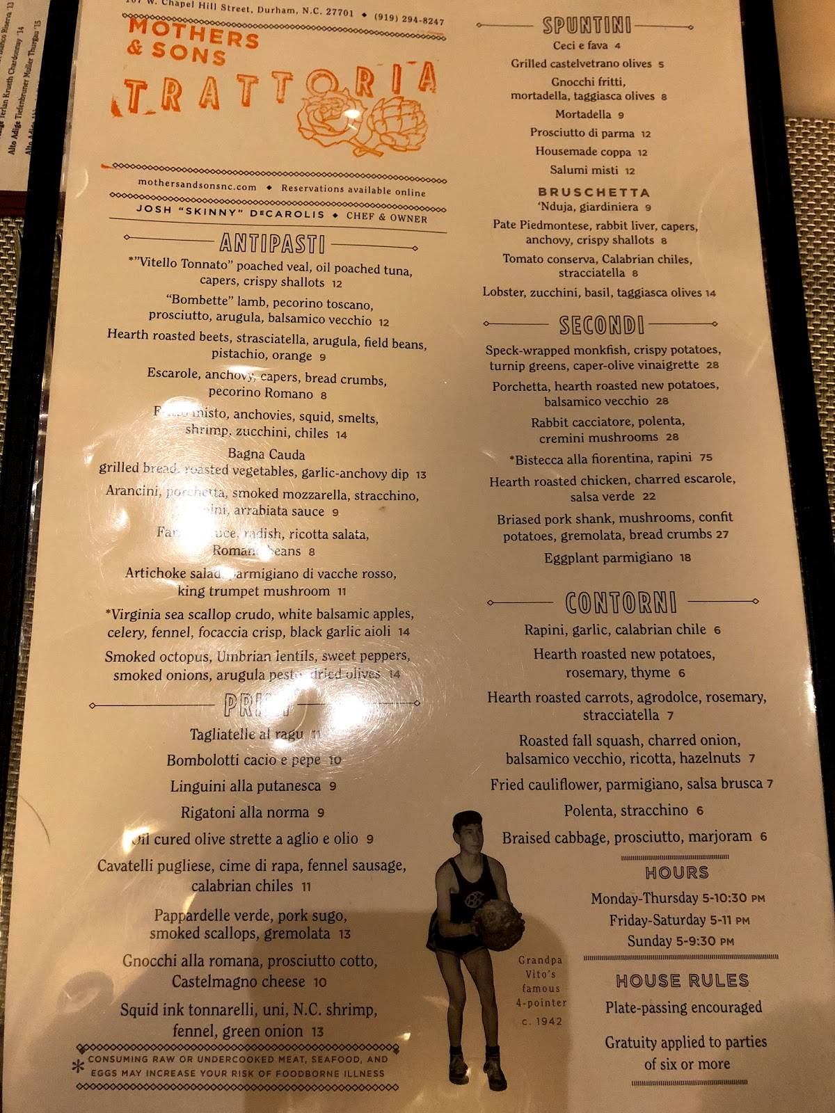 Menu at Mothers & Sons Trattoria restaurant, Durham