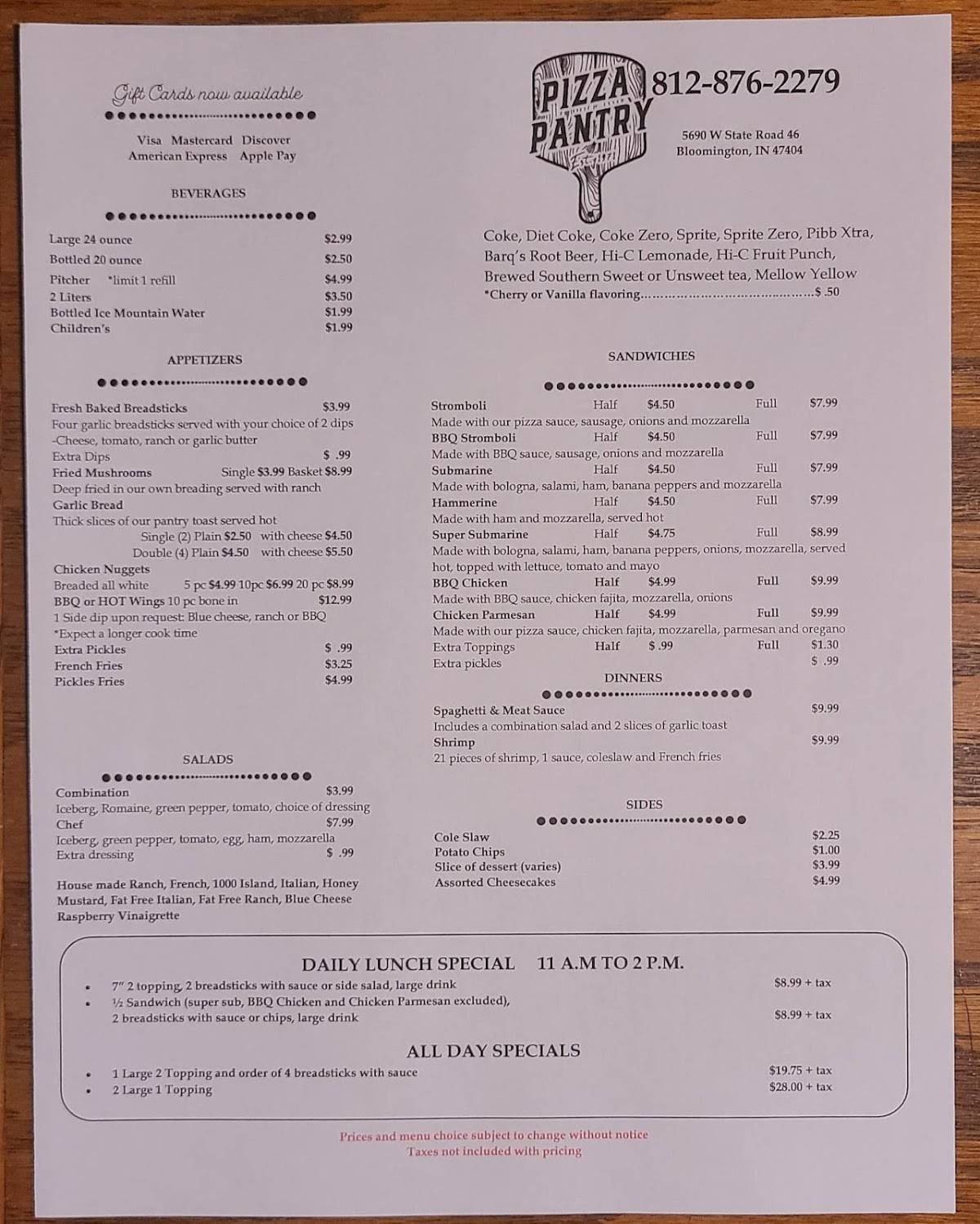 Menu at Ellettsville Pizza Pantry restaurant, Bloomington, IN46