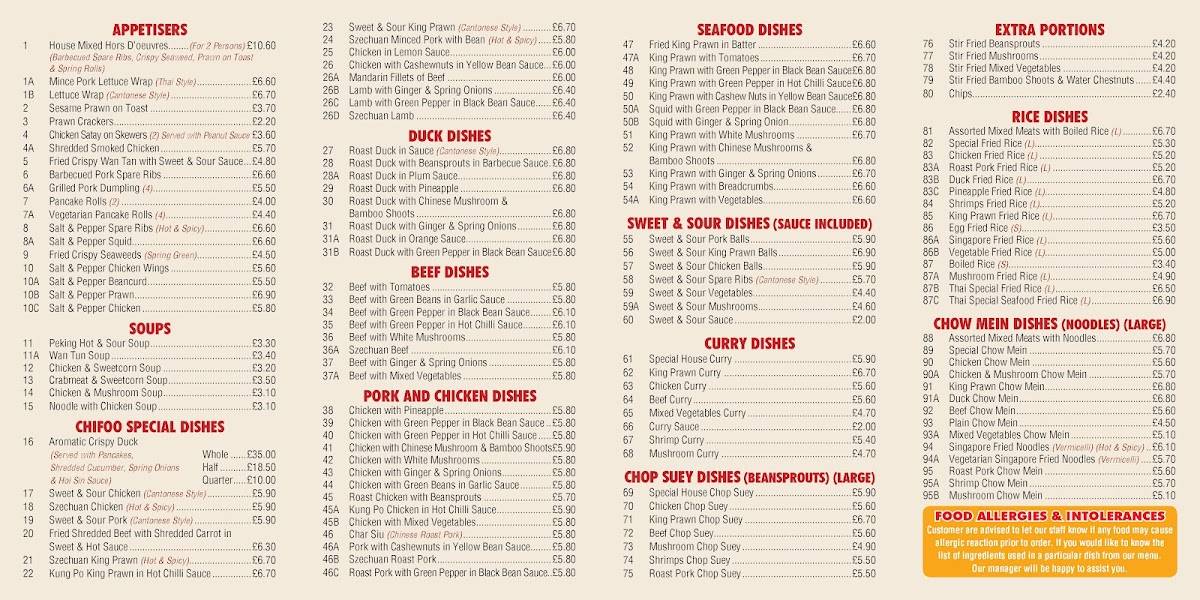 Menu at Chifoo Chinese Take Away fast food, Burgess Hill