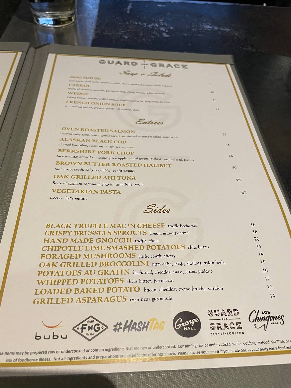 Menu at Guard and Grace steakhouse, Denver