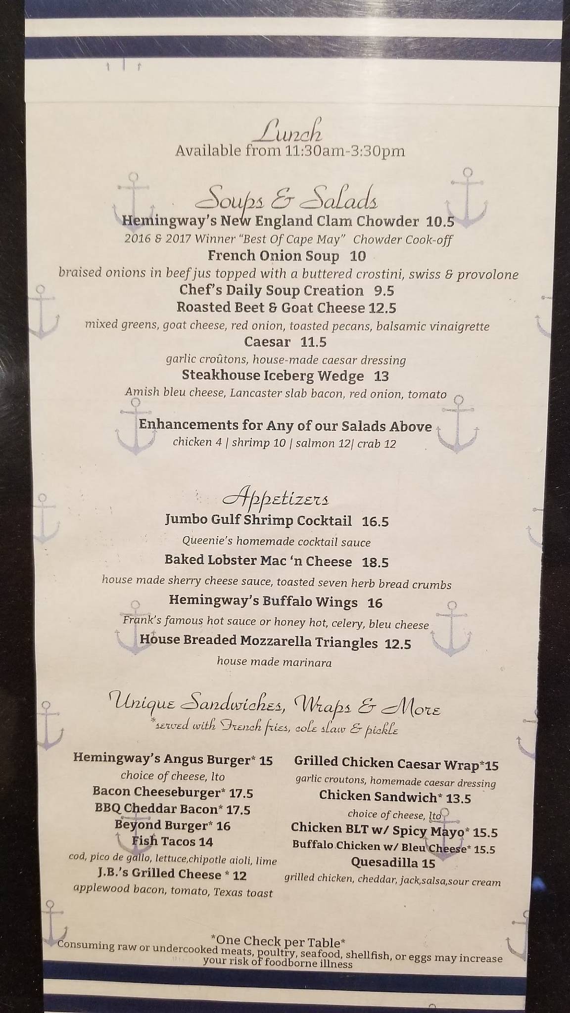 Menu at Hemingway's Steaks & Seafood Restaurant, Cape May