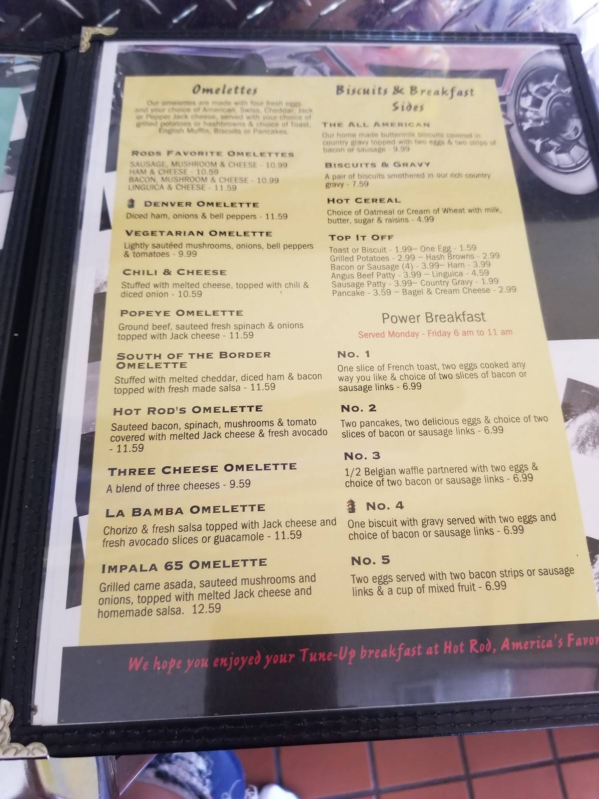 Menu at Hot Rod Diner restaurant, Turlock