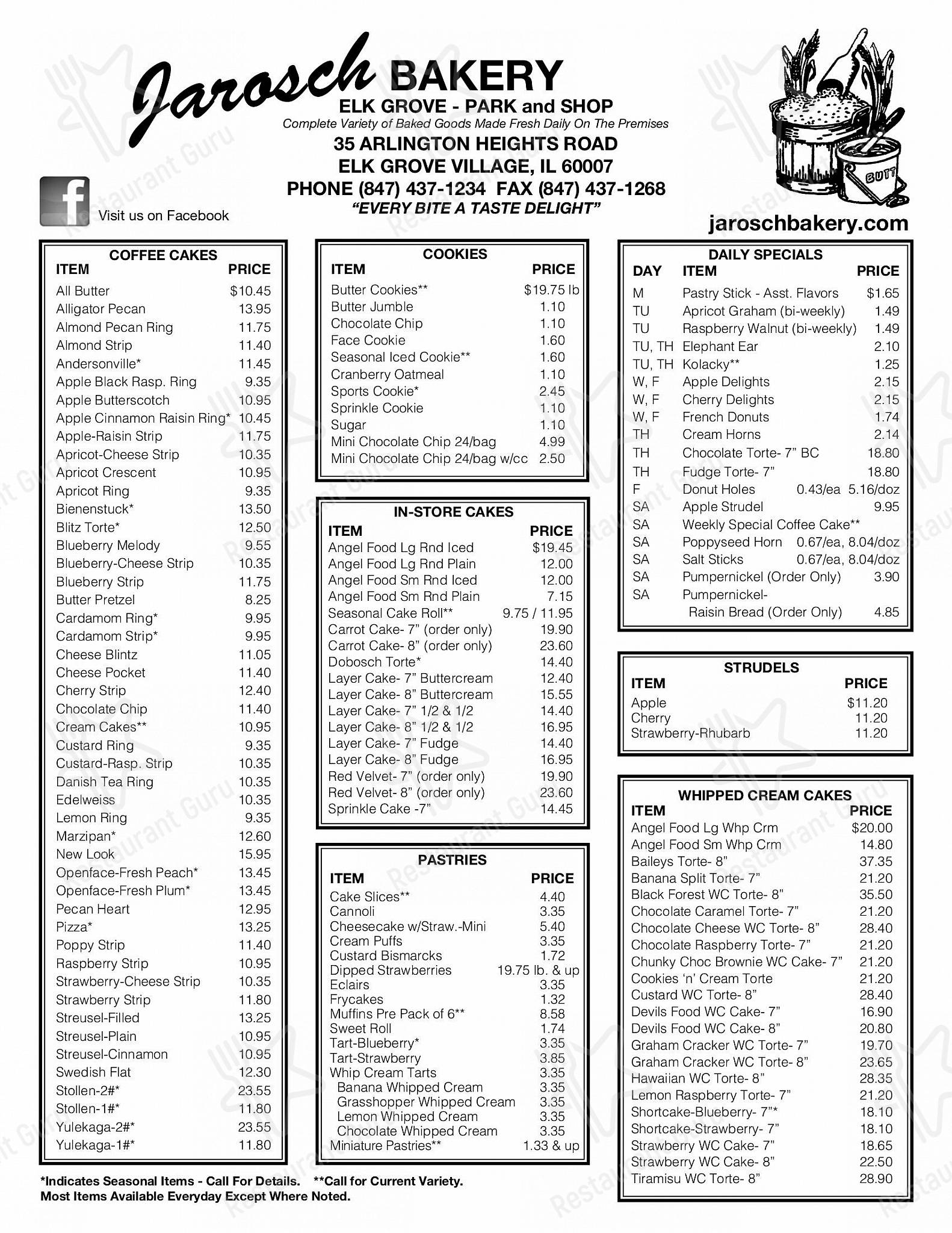 Menu at Jarosch Bakery, Elk Grove Village