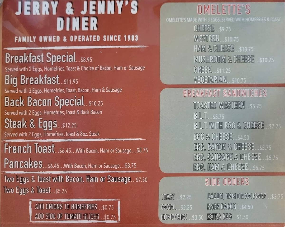 Menu at Jerry & Jenny's Diner restaurant, Windsor