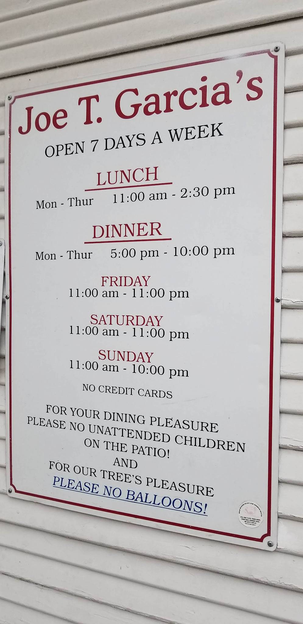 Menu at Joe T. Garcia's restaurant, Fort Worth