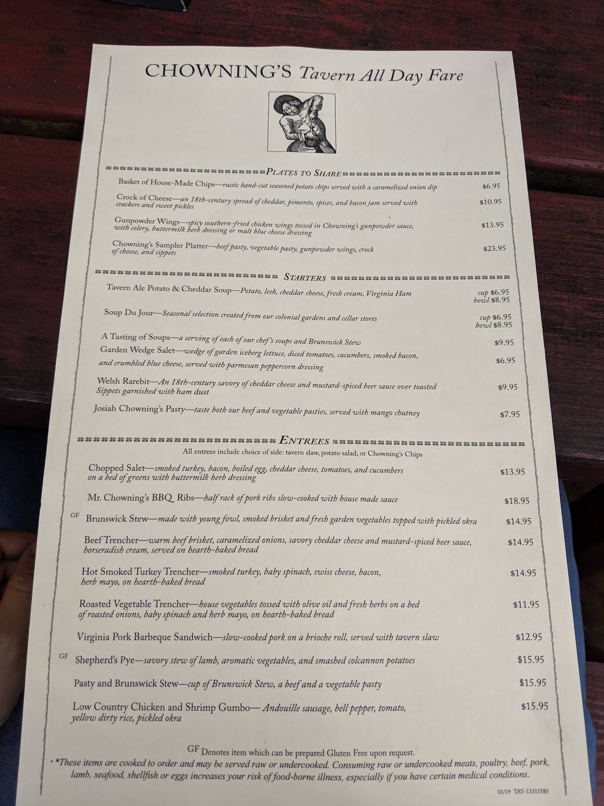 Menu at Chowning's Tavern pub & bar, Williamsburg