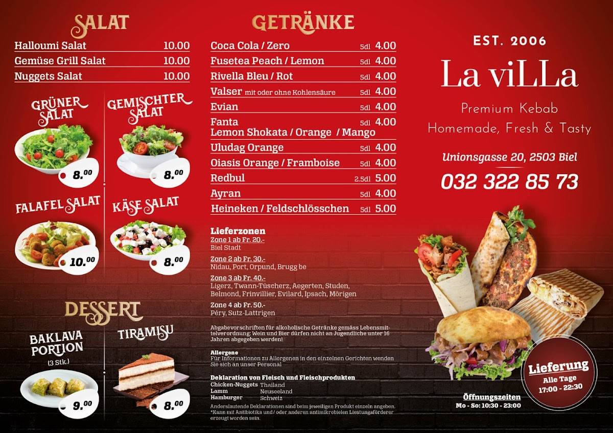 Menu au Kebab La Villa Tacos, Bienne, Unionsgasse 20
