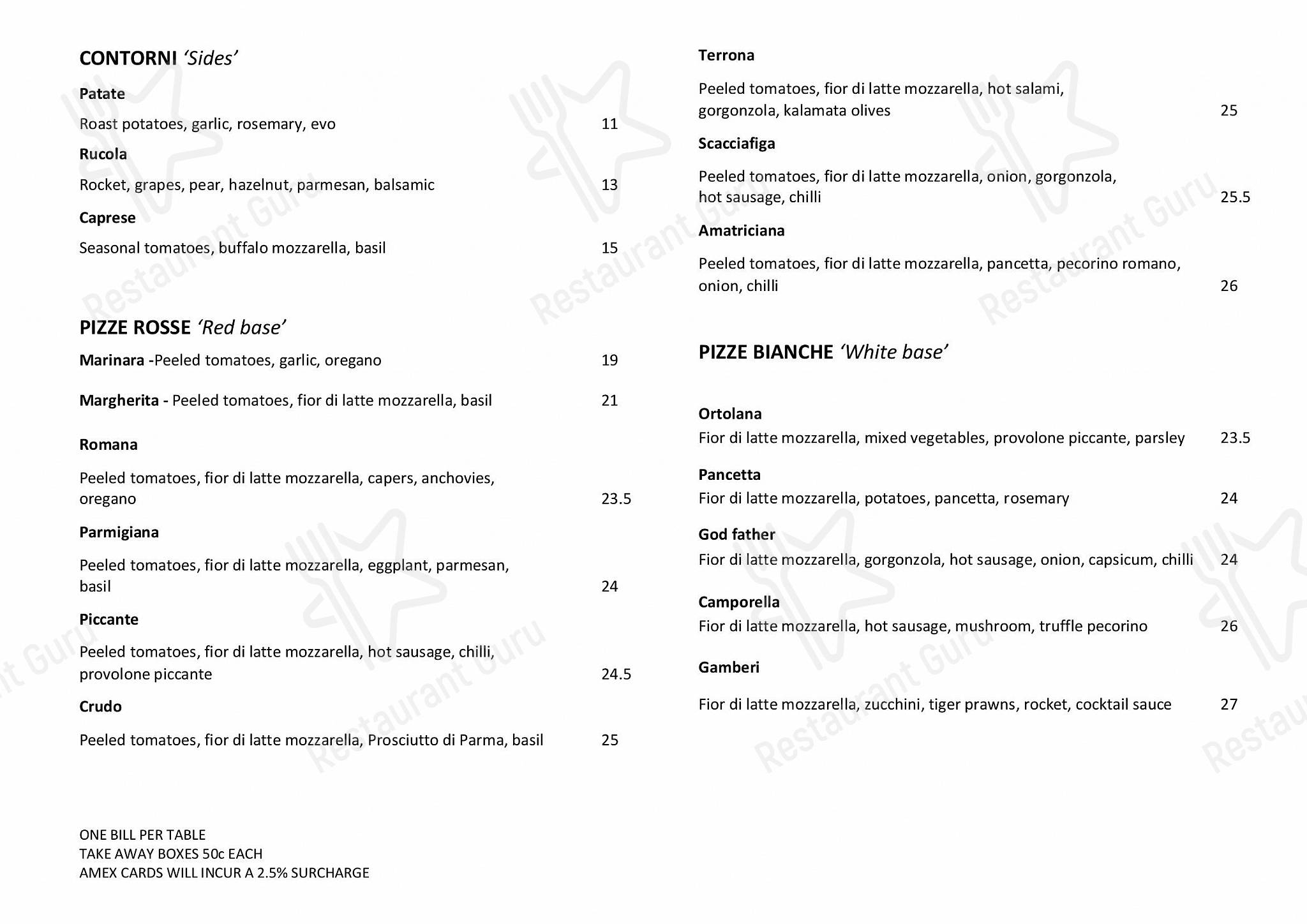Menu at La Lupa restaurant, West End