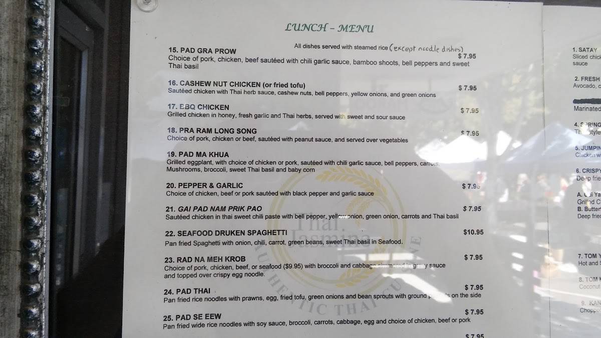 Menu at Thai Jasmine restaurant, Tracy