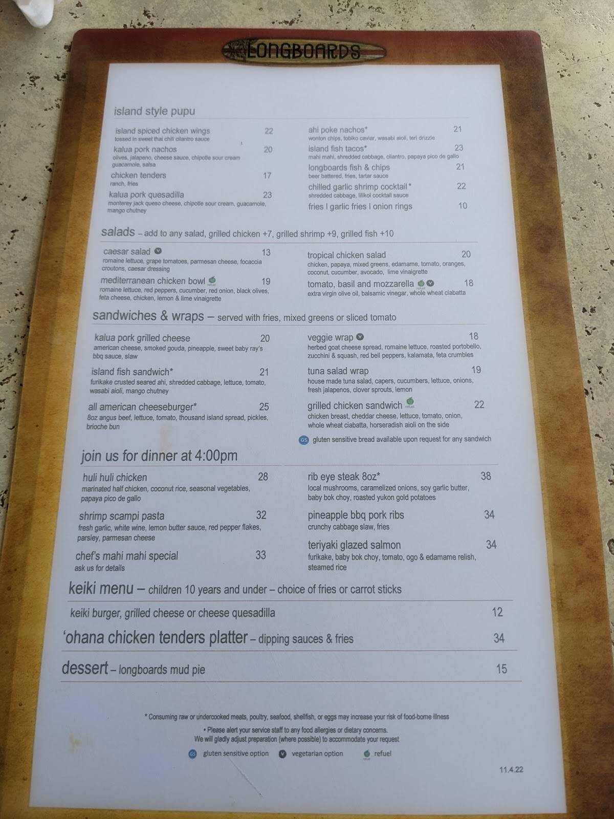 Menu at Longboards pub & bar, Kapolei