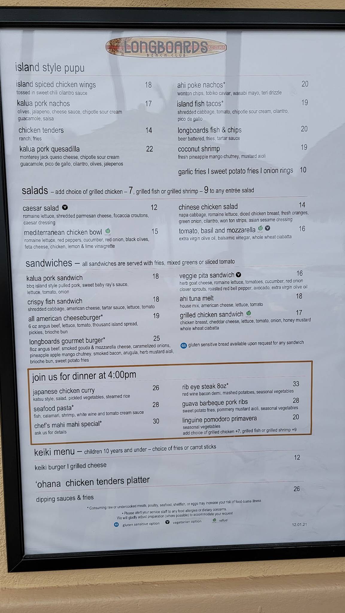 Menu at Longboards pub & bar, Kapolei