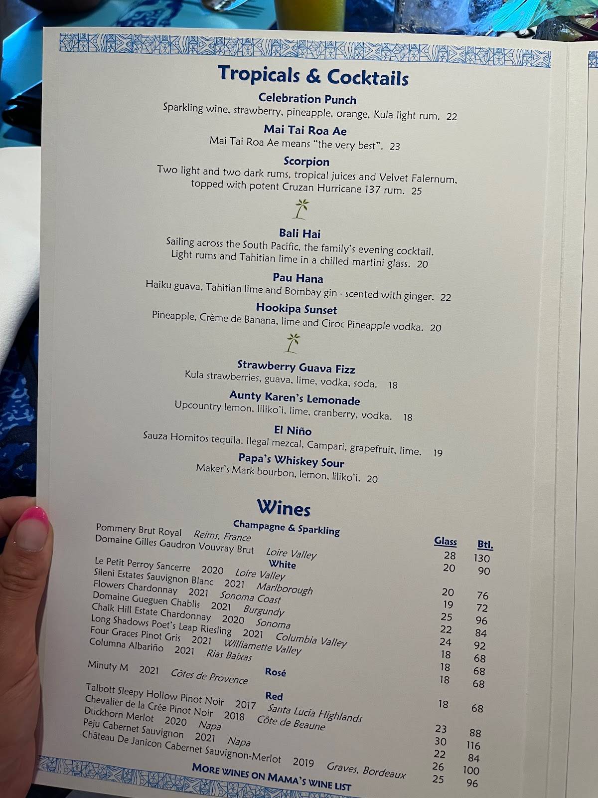Menu at Mama's Fish House restaurant, Paia