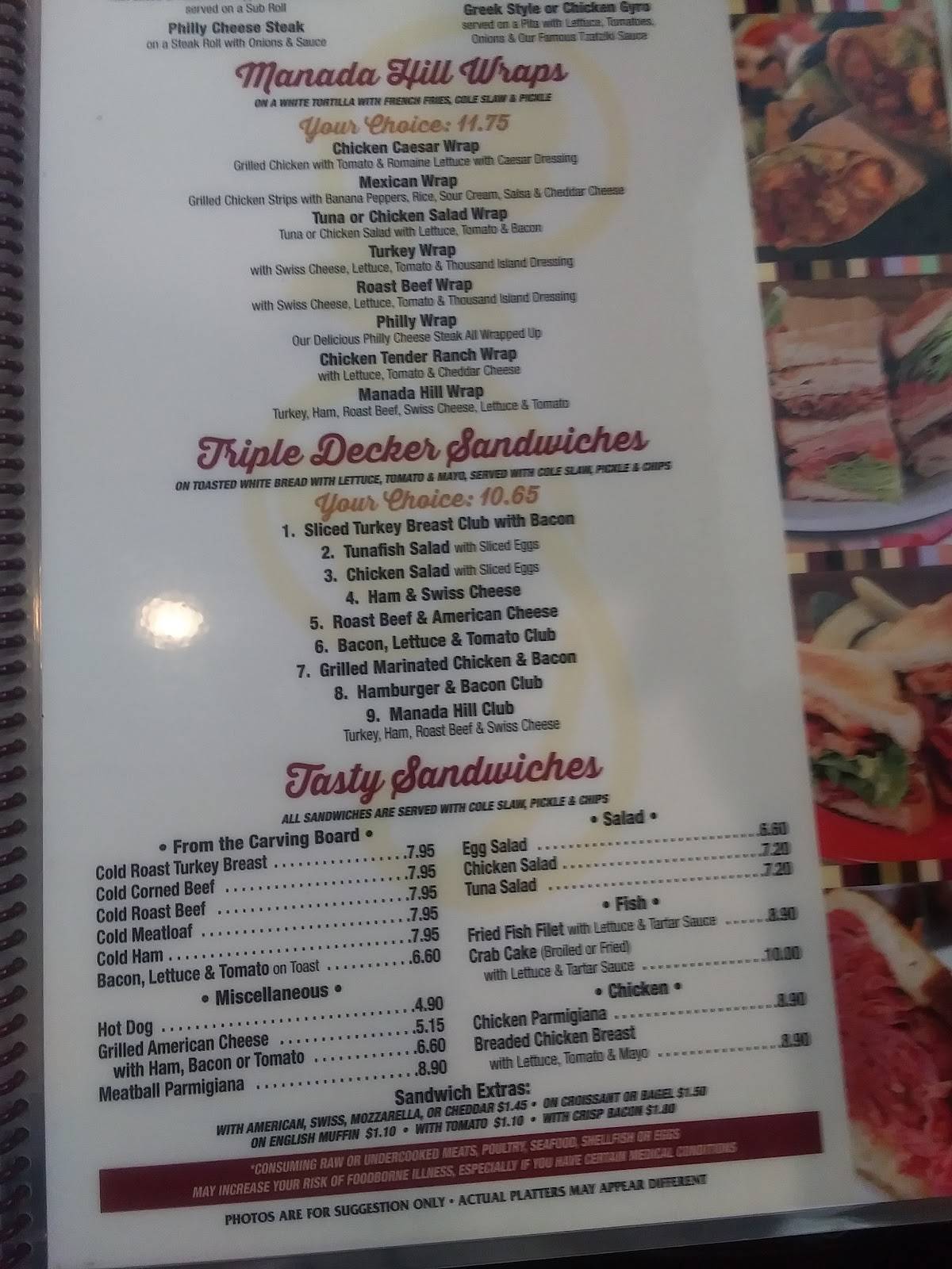 Menu at Manada Hill Diner restaurant, Hershey