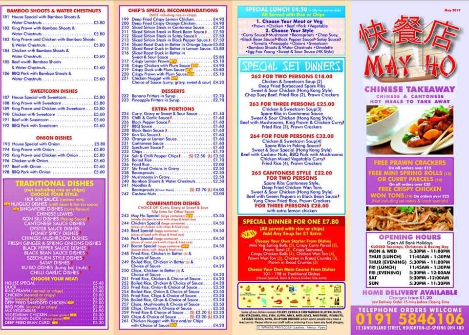 Menu at MayHo Chinese Takeaway fast food, Houghton le Spring, 12 Sunderland St
