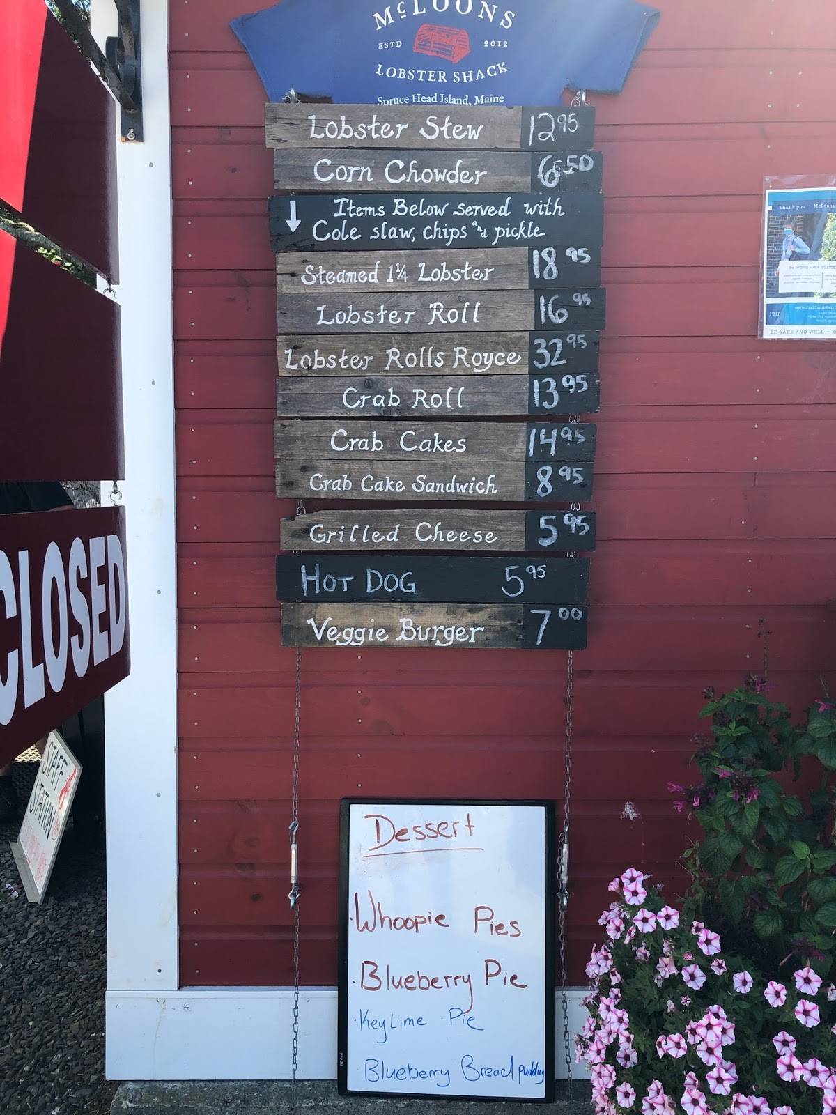 Menu at McLoons Lobster Shack restaurant, South Thomaston