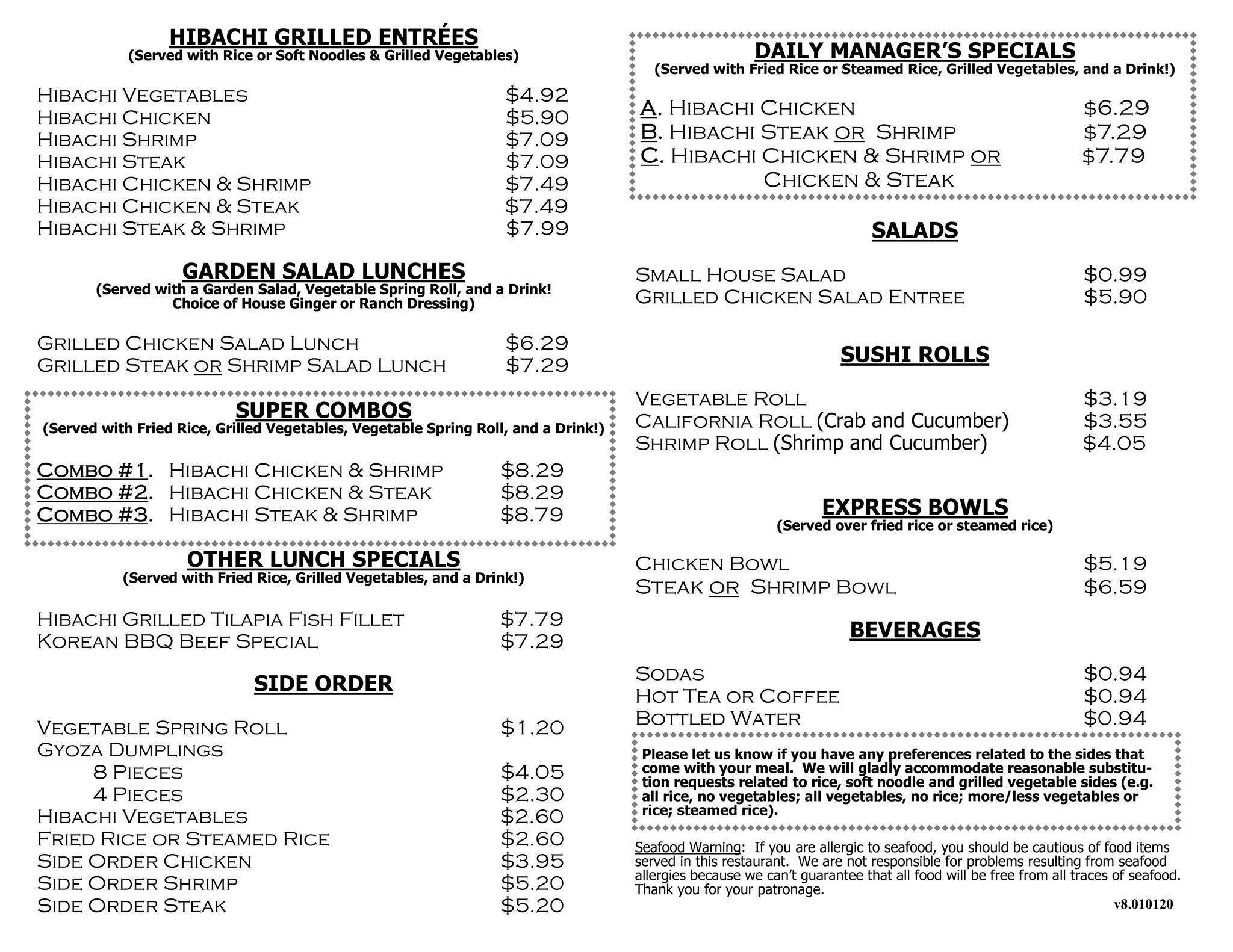 Menu at Midori's Japanese Hibachi restaurant, Greensboro