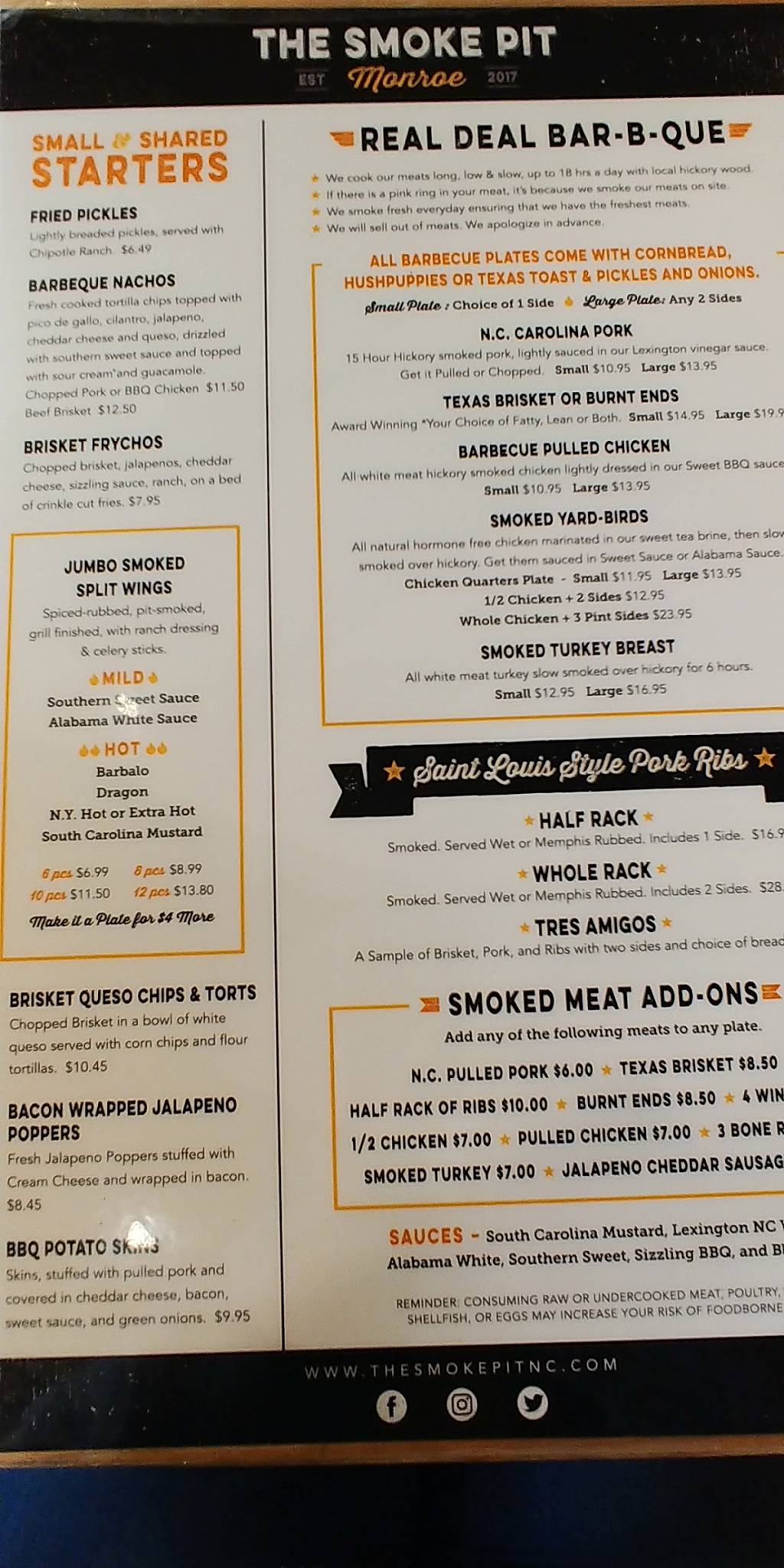 Menu at The Smoke Pit BBQ, Monroe