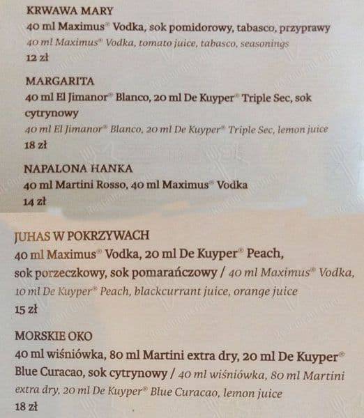 Menu at Morskie Oko restaurant, Kraków