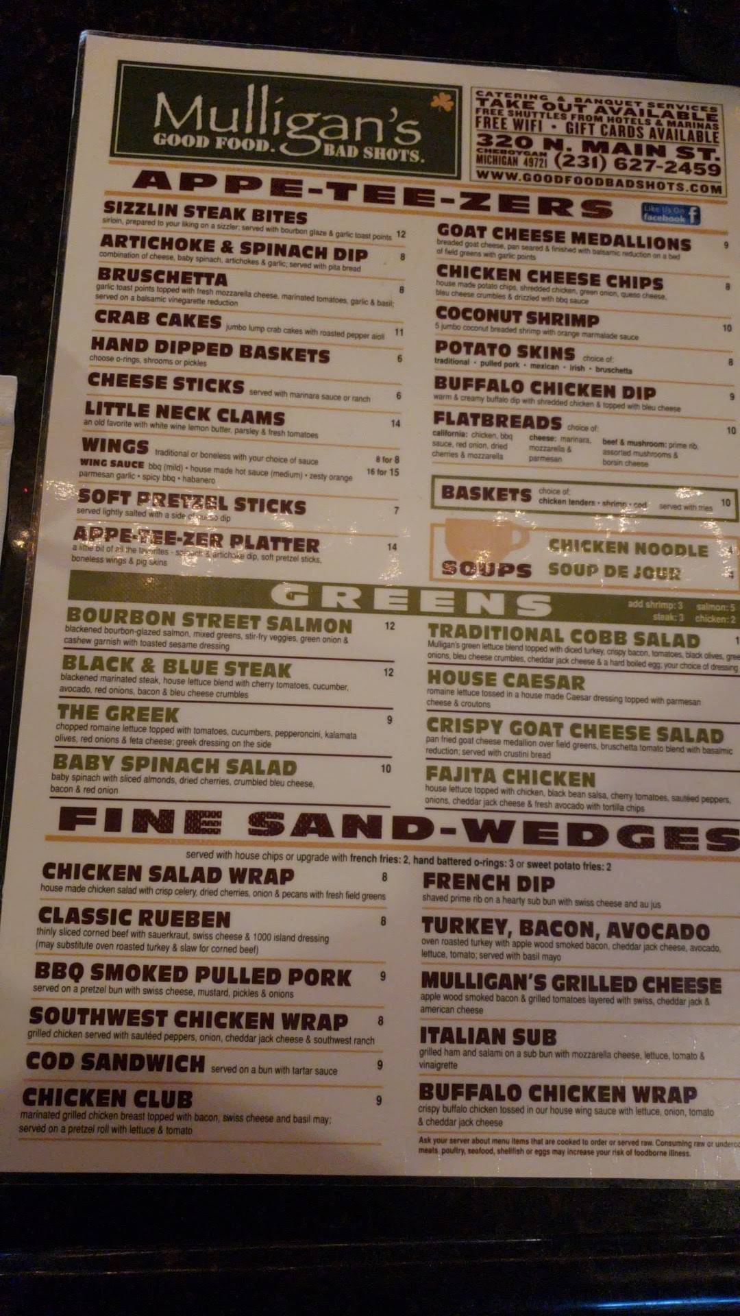 Menu at Mulligan's Restaurant, Cheboygan