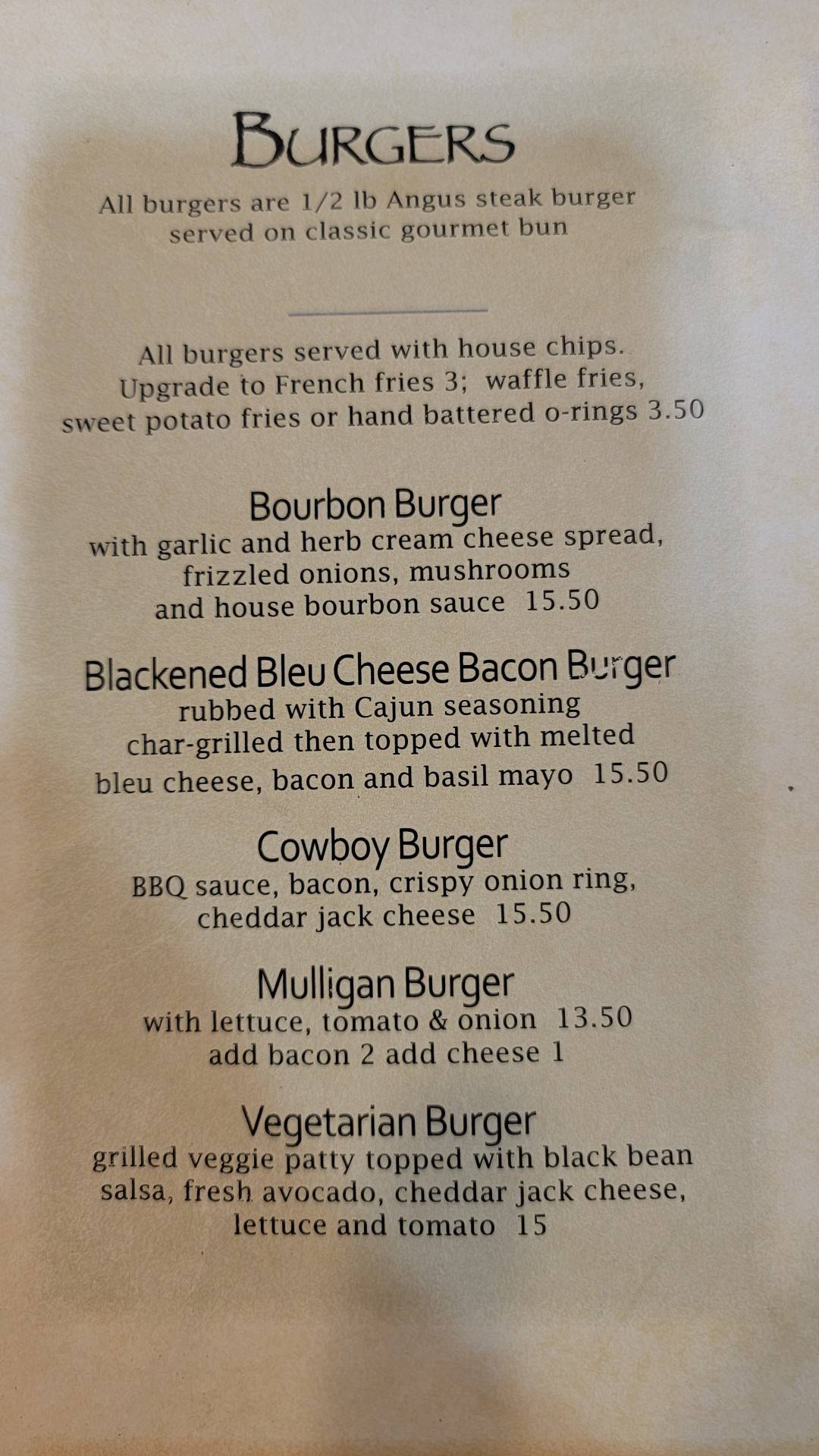 Menu at Mulligan's Restaurant, Cheboygan