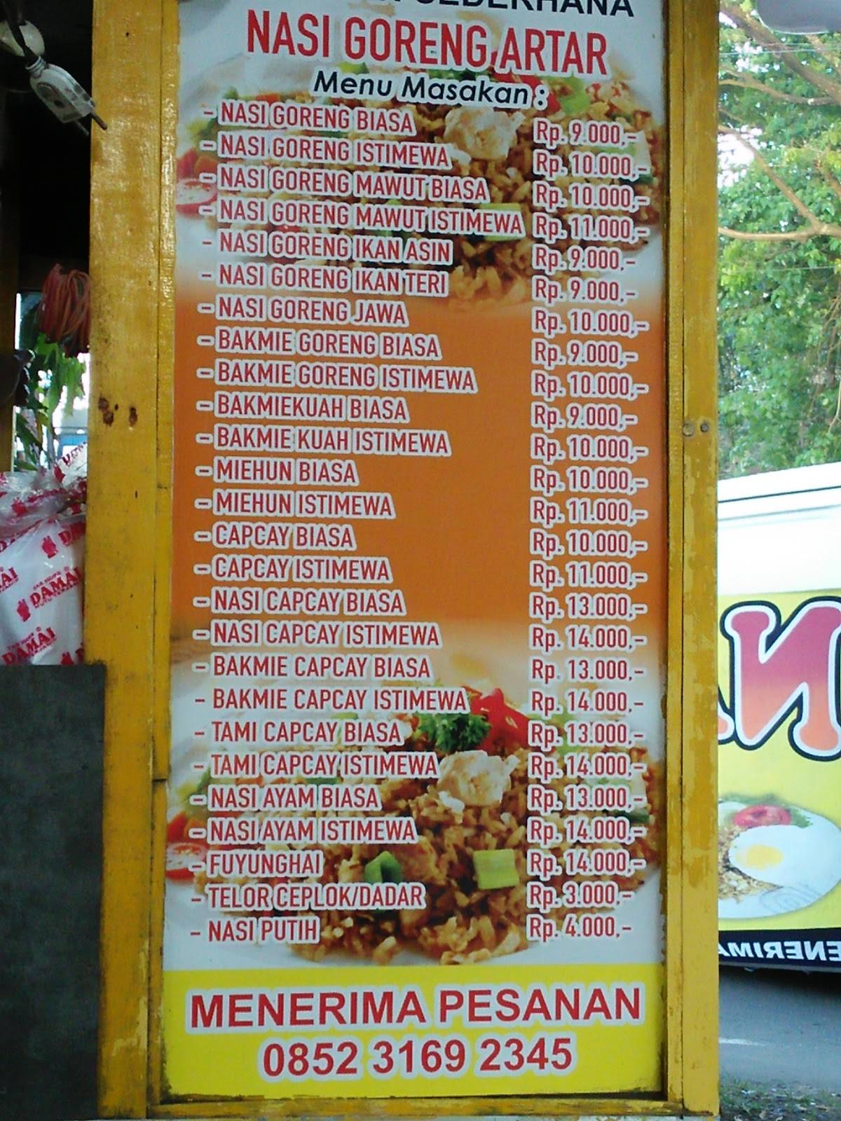 Menu at Nasi Goreng ARTAR restaurant, Malang