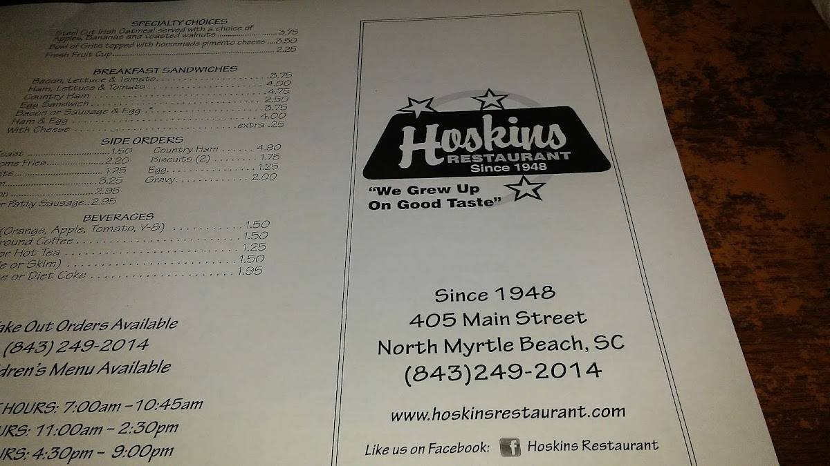 Menu at Hoskins Restaurant, North Myrtle Beach