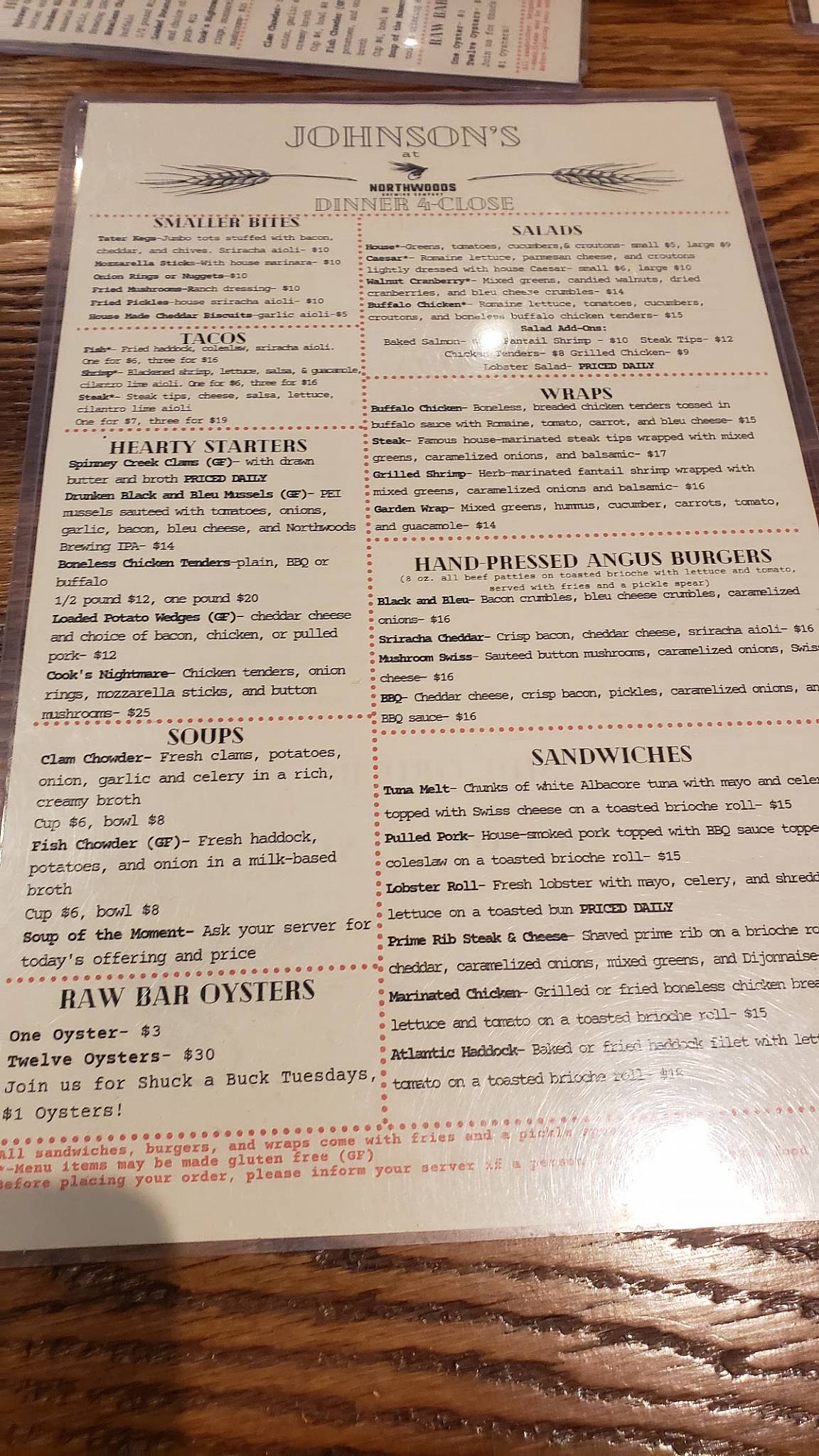 Menu at The Original Johnson's Dairy Bar at Northwoods Brewing Company