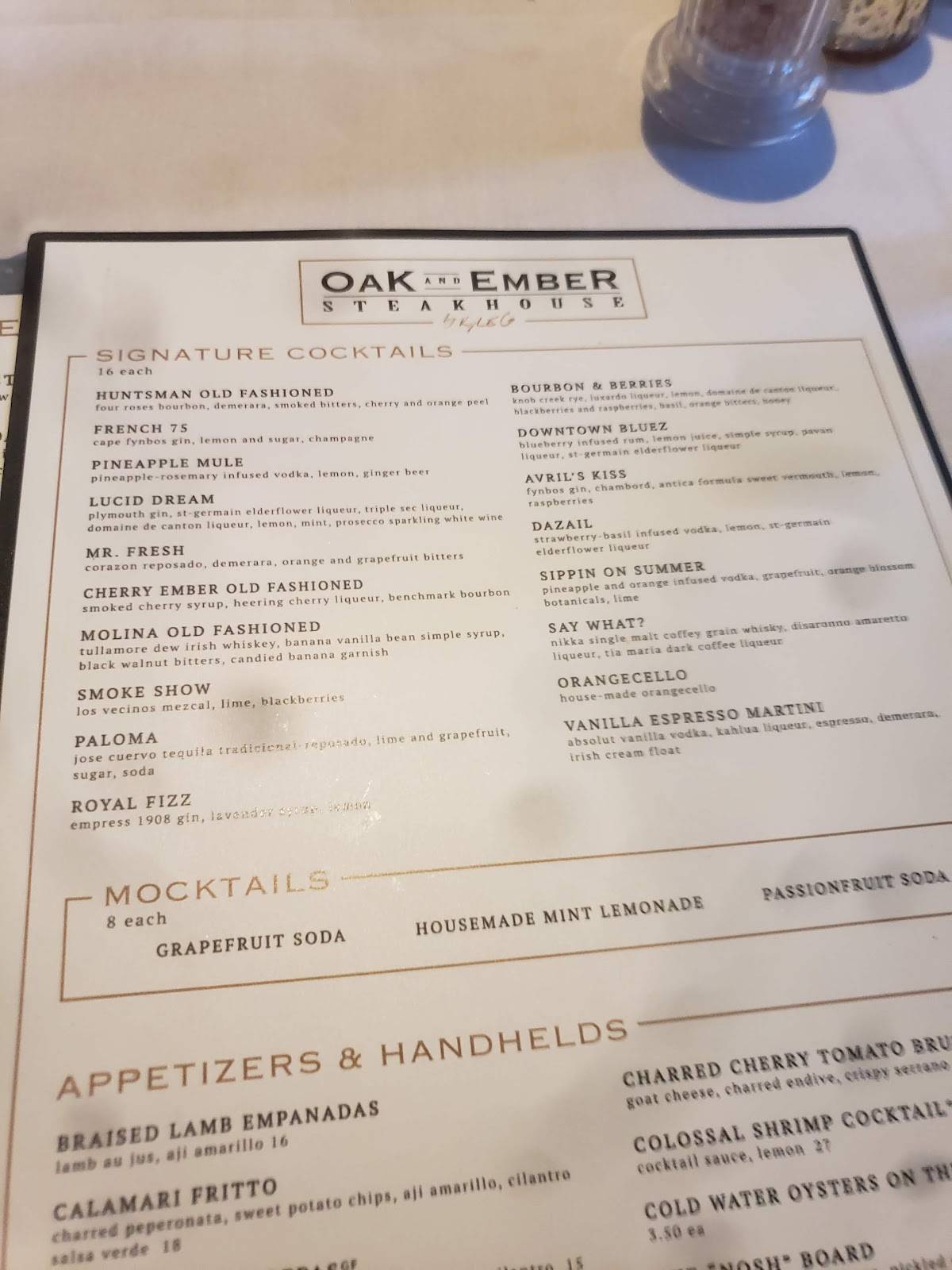 Menu at Oak & Ember Steakhouse, Stuart