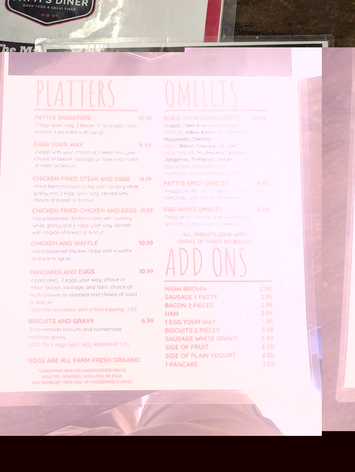 Menu at Patti’s diner restaurant, Pattison