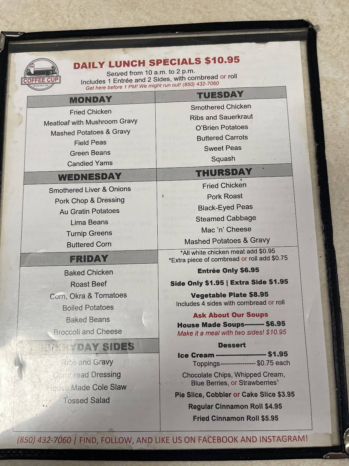 Menu at Coffee Cup Restaurant, Pensacola