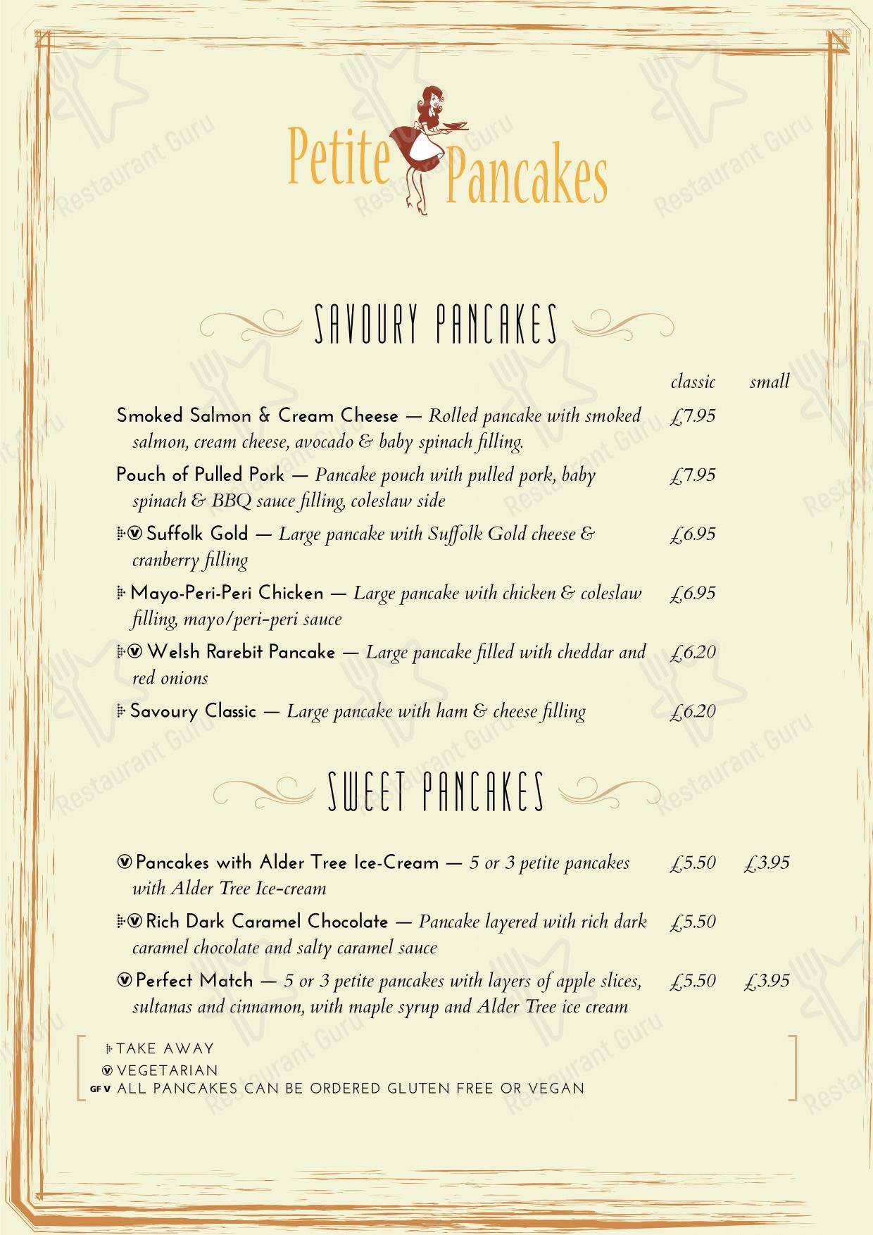 Menu at Petite Pancakes cafe, Stowmarket