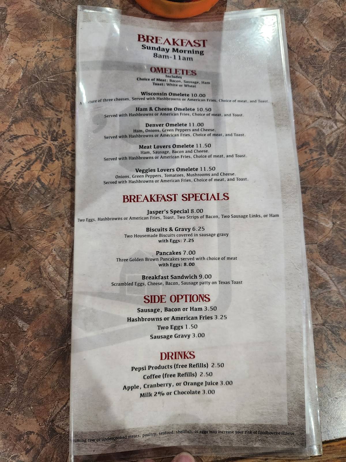 Menu at Jasper's Bar, Pickett