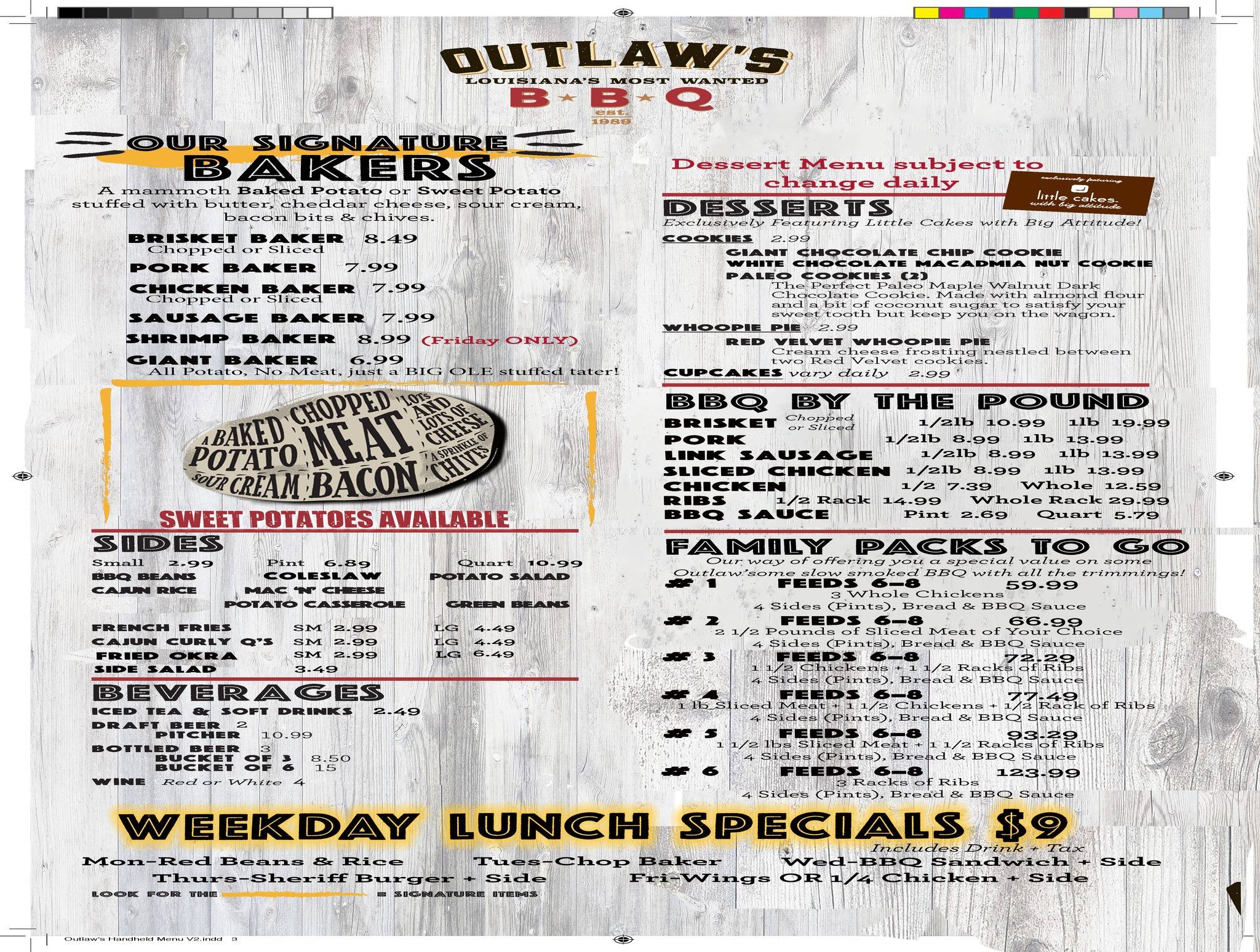 Menu at Outlaw's BBQPineville, Pineville, 359 Kings Country Rd