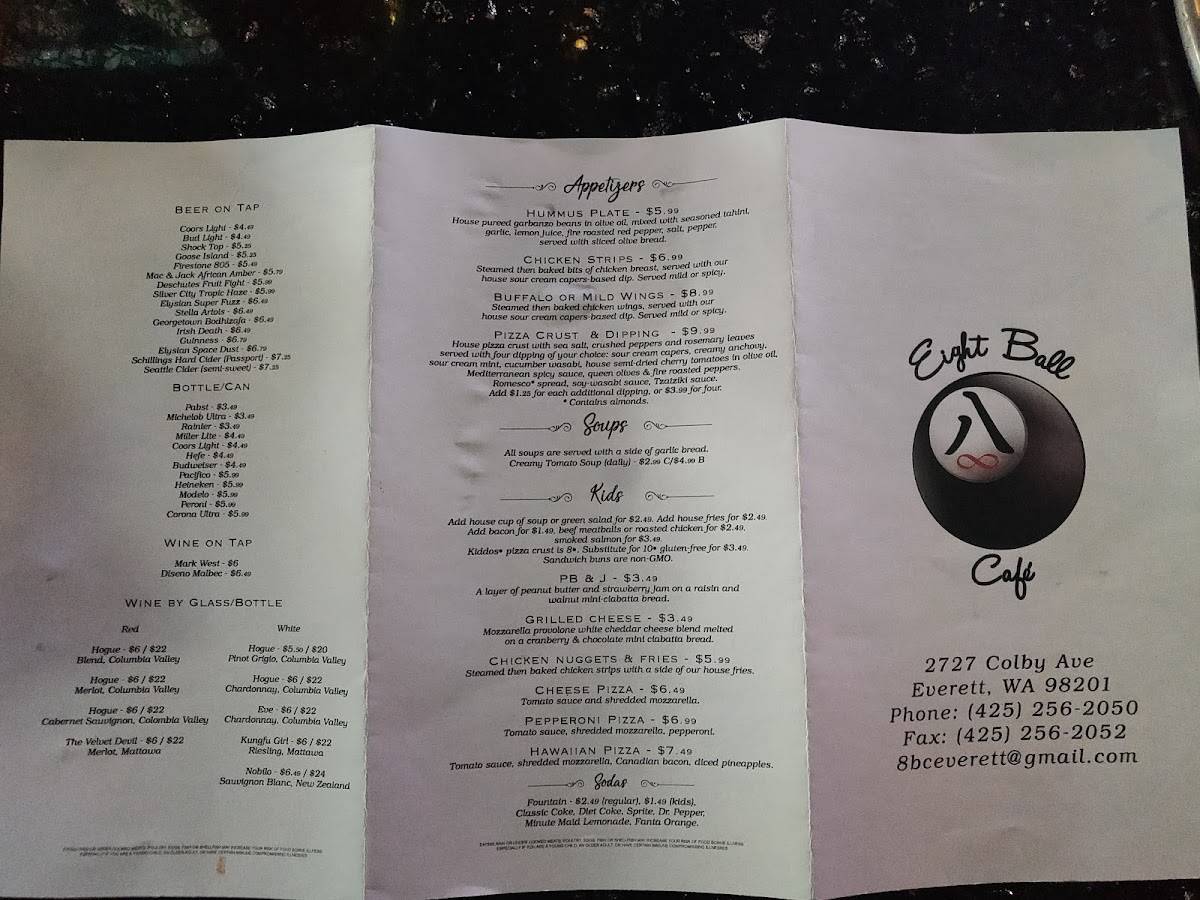 Menu at Eight Ball Cafe, Everett