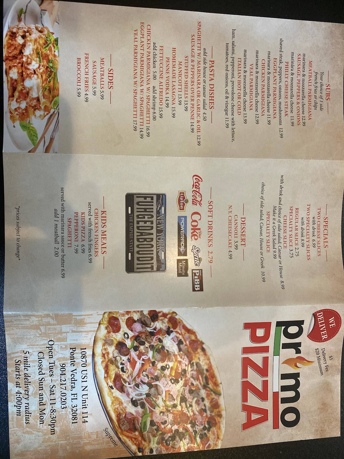 Menu at Primo Pizza pizzeria, Palm Valley