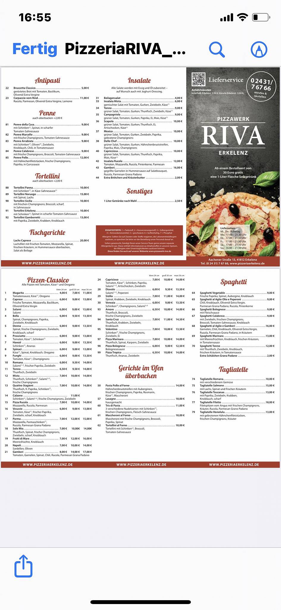 Speisekarte von RIVA Pizzeria & Restaurant, Erkelenz