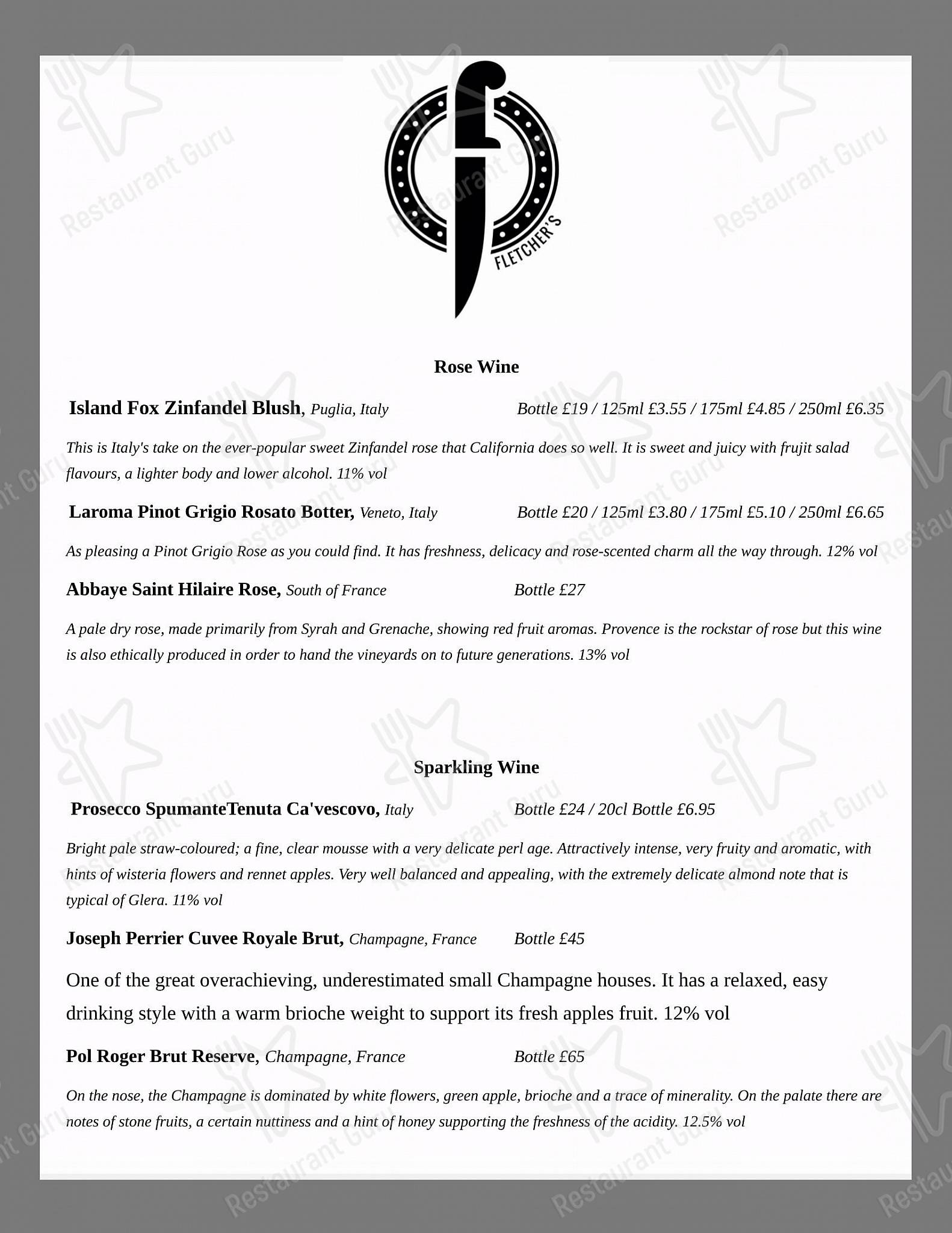 Menu at Fletcher's Restaurant, Plymouth