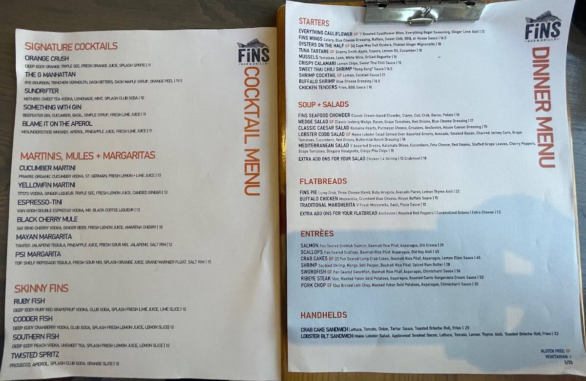 Menu at Fins Bar & Grille, Cape May, 142 Decatur St