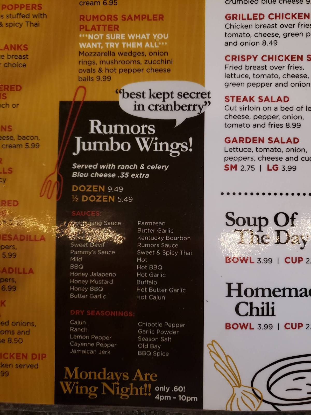 Menu at Rumor's Tavern pub & bar, Cranberry Township, 466 Rochester Rd