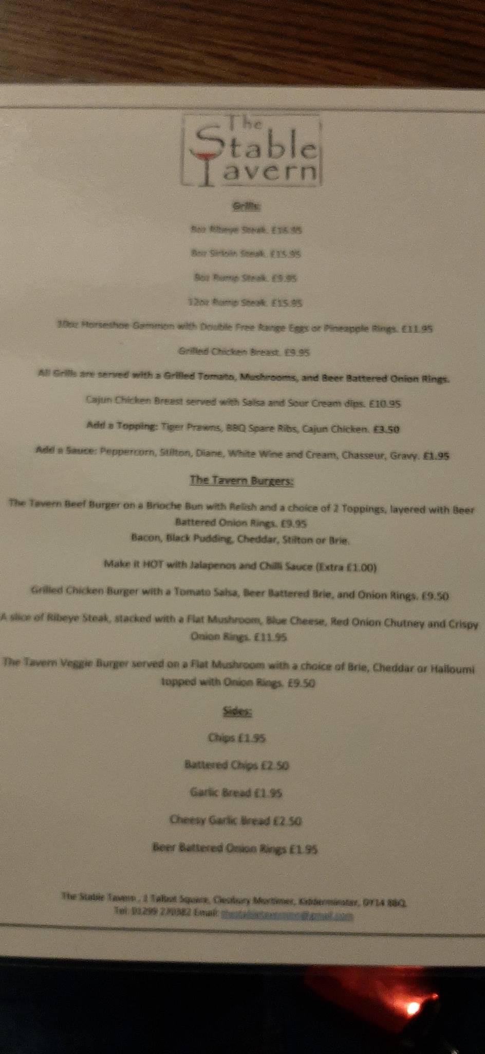 Menu at The Stable Tavern pub & bar, Cleobury Mortimer