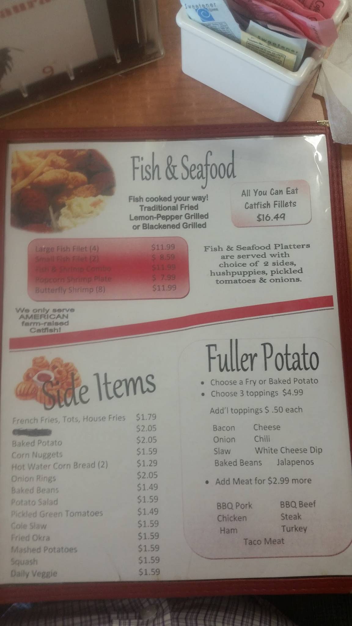 Menu at Red's Restaurant, Fordyce, US-79