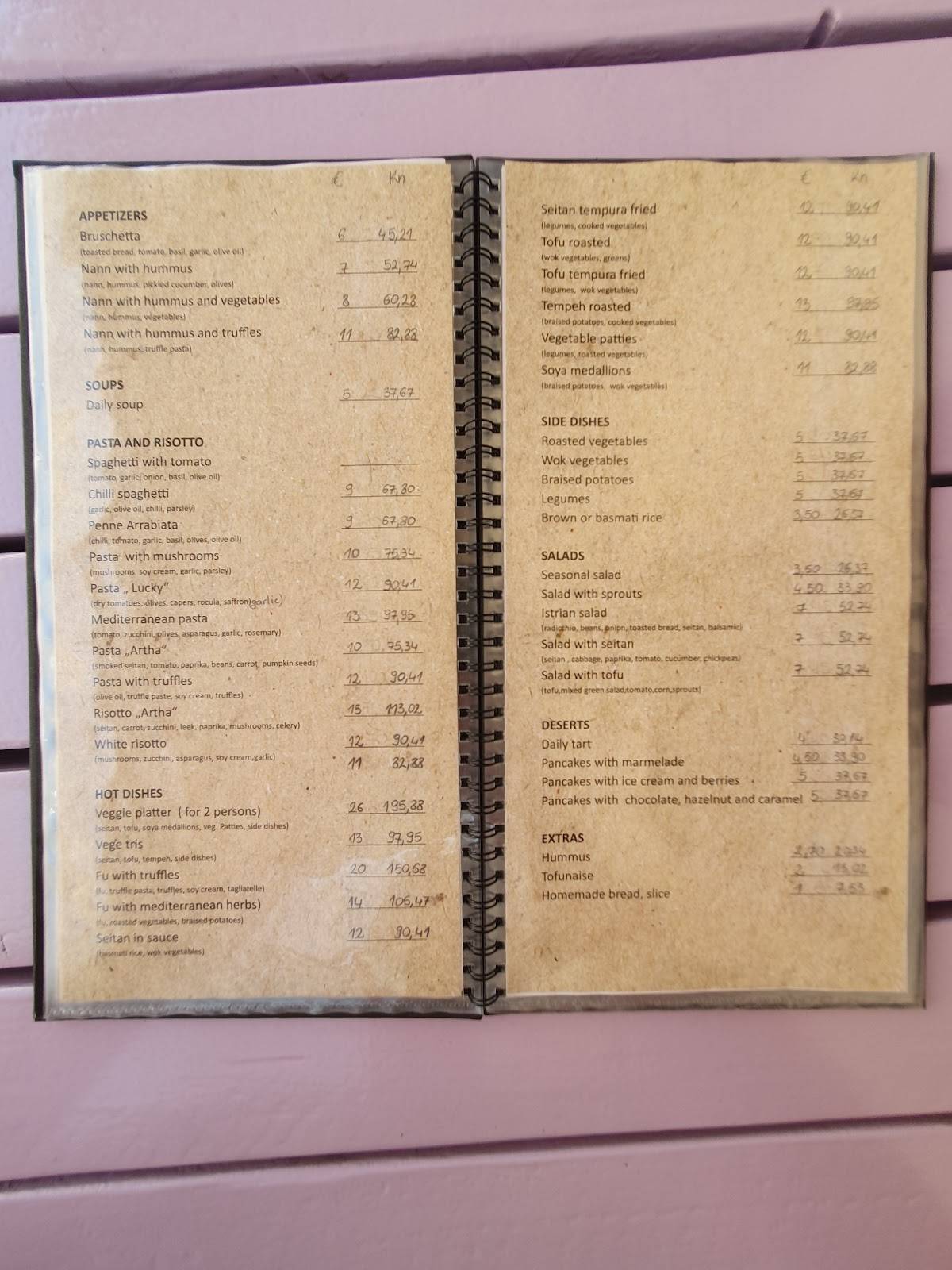 Menu at Artha restaurant, Poreč