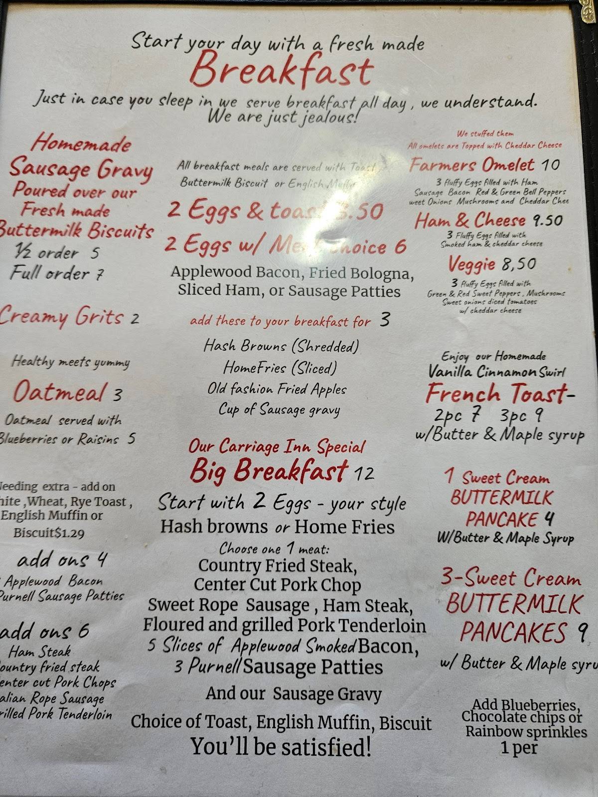 Menu at Carriage Inn Restaurant, Enon