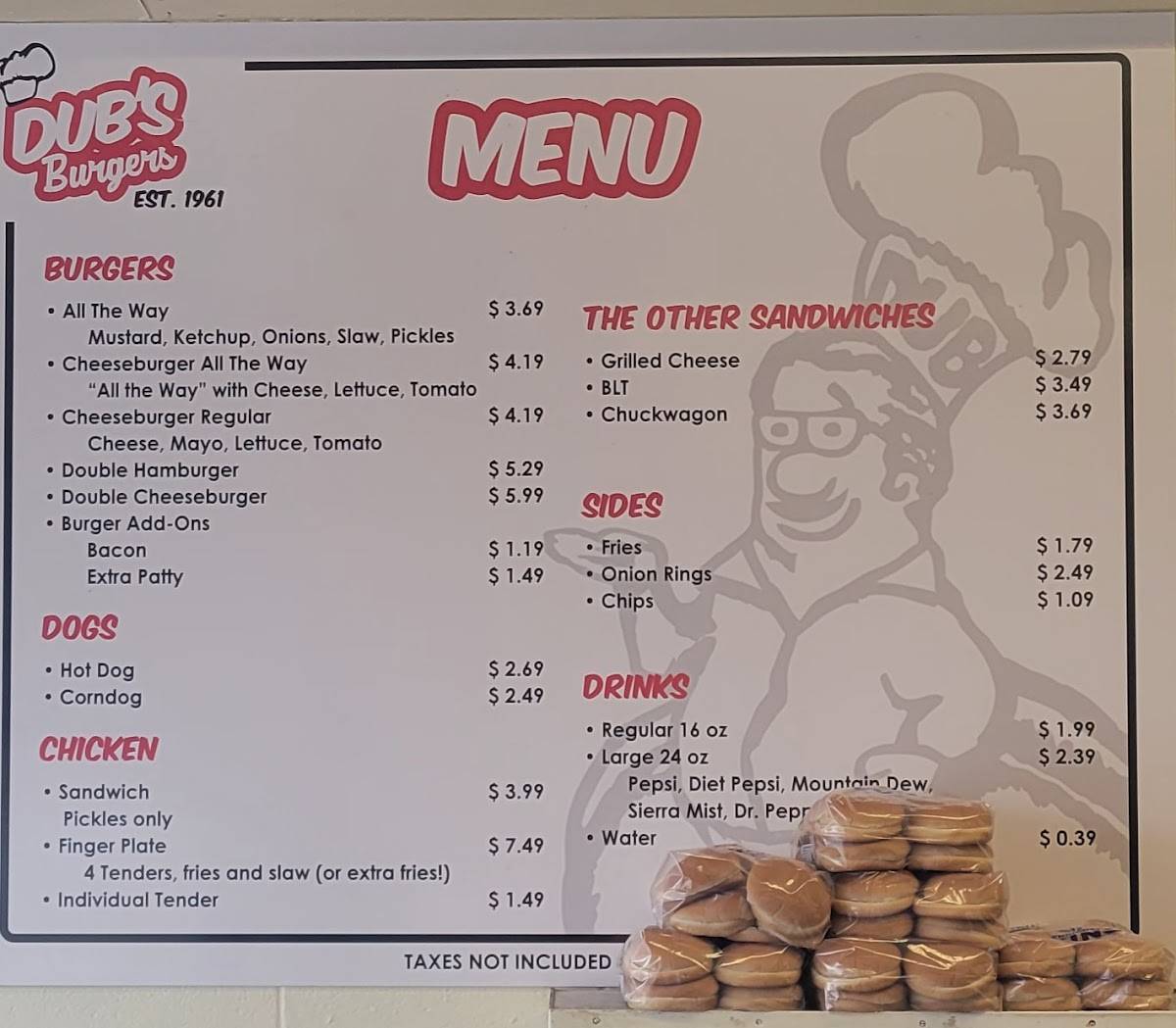 Menu at Dub's Burgers restaurant, Athens