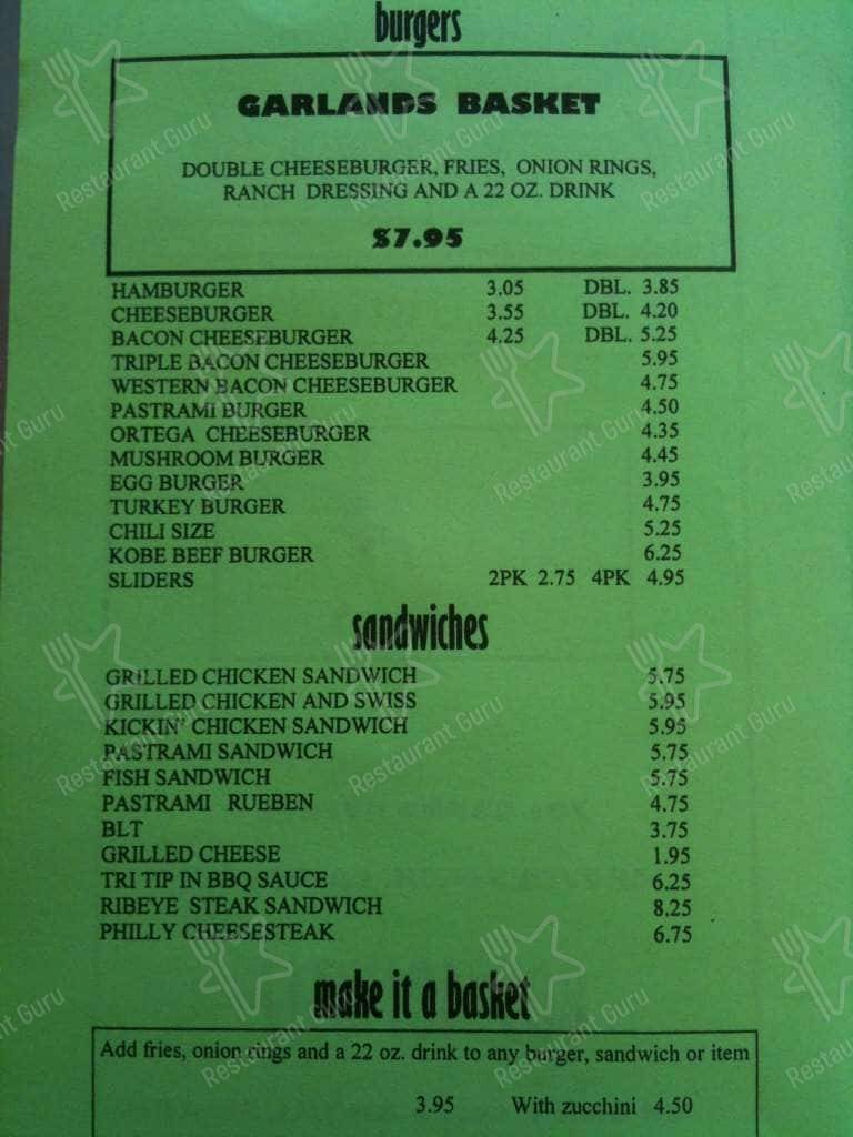 Menu at Garlands Hamburgers restaurant, Grover Beach