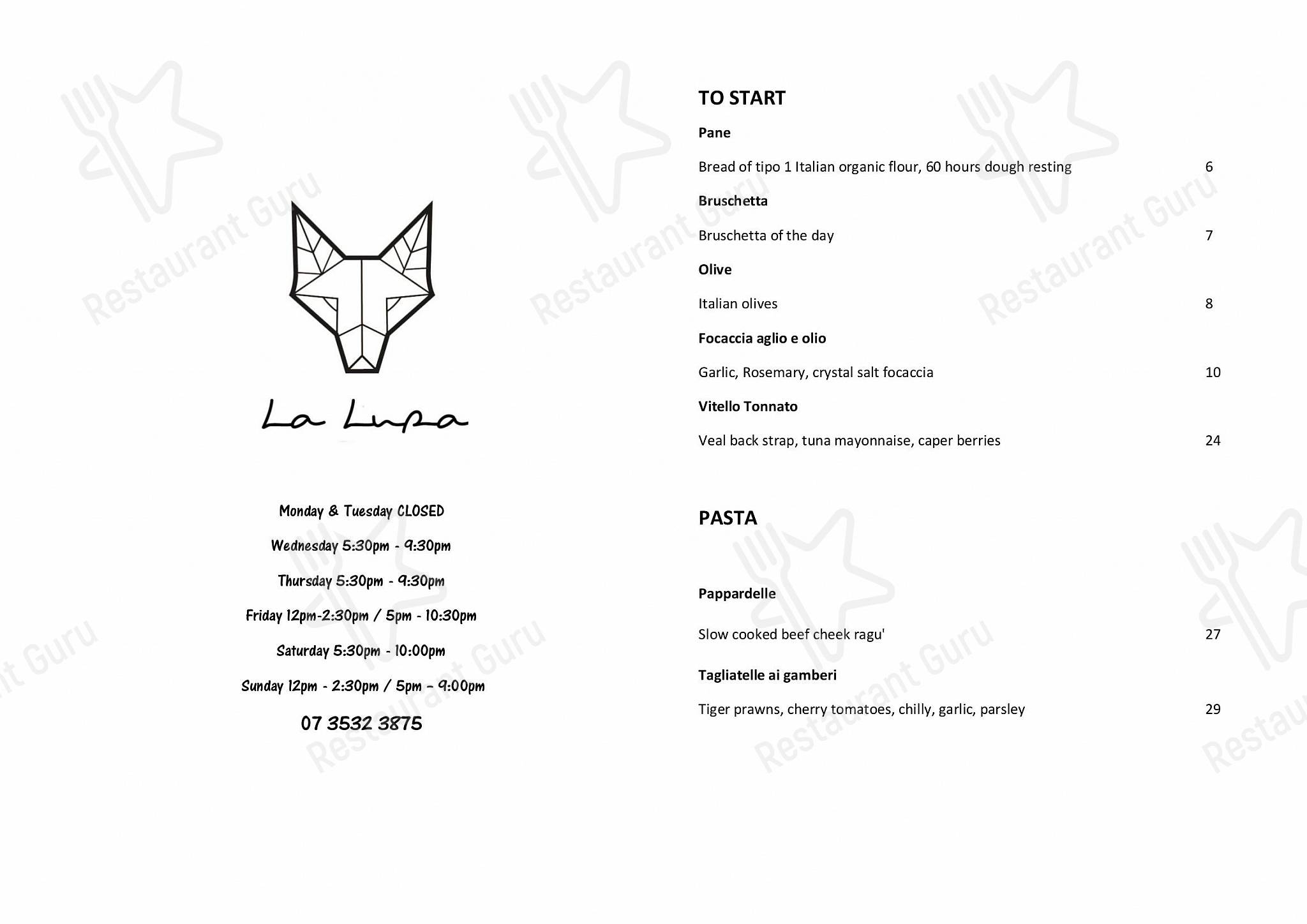 Menu at La Lupa restaurant, West End