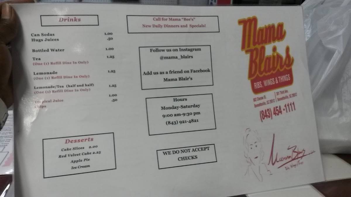 Menu at Mama Blair's Ribs, Wings, and Things restaurant,