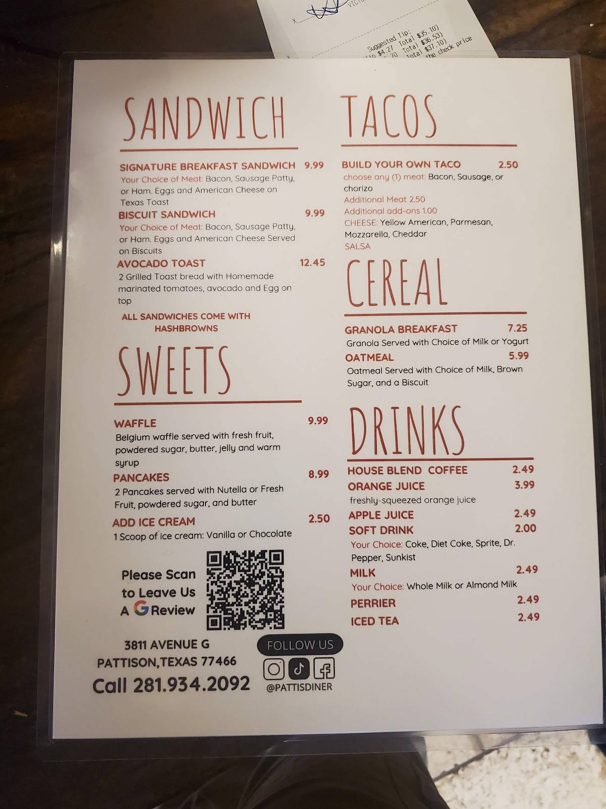 Menu at Patti’s diner restaurant, Pattison