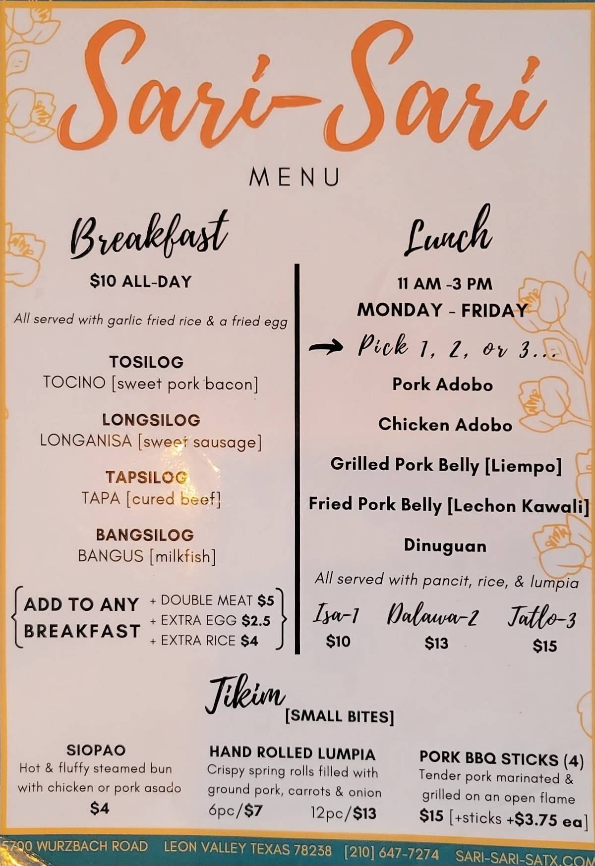 Menu at SariSari Filipino Restaurant, Market, & Bakery, San Antonio